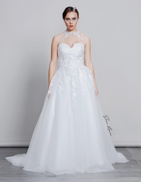 Aライン ハートネック オーバートレーン レース シースルー チュール ウェディングドレス