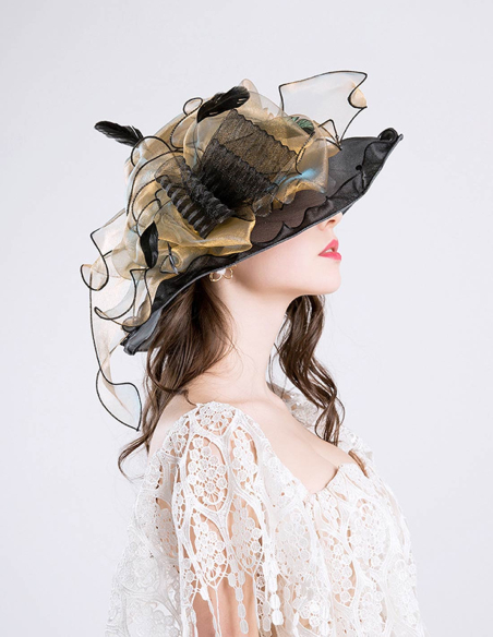 オーガンジー フリル 羽付き エレガント 女優帽 とても軽い ハット