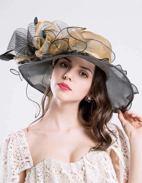 オーガンジー フリル 羽付き エレガント 女優帽 とても軽い ハット