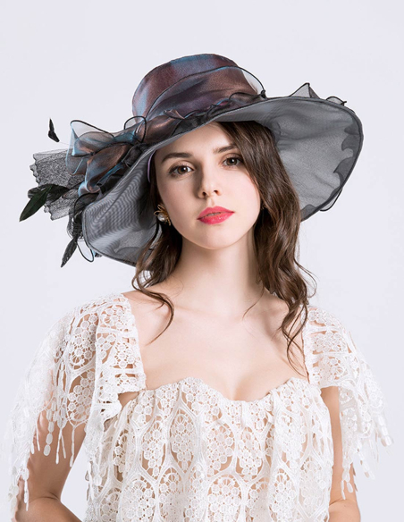 オーガンジー フリル 羽付き エレガント 女優帽 とても軽い ハット