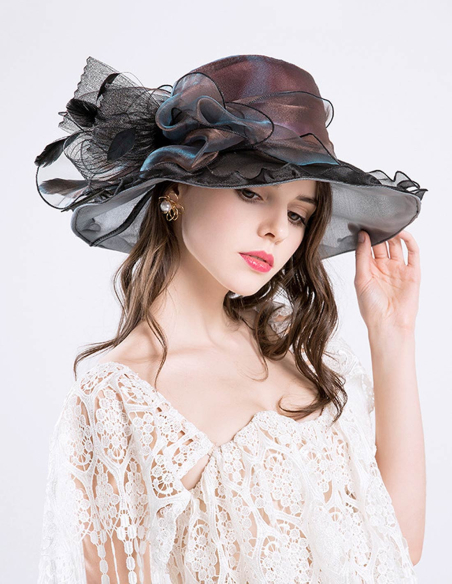 オーガンジー フリル 羽付き エレガント 女優帽 とても軽い ハット