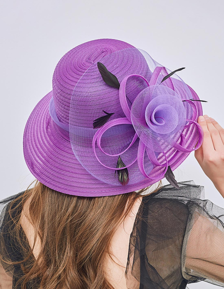 羽付き フラワー チュール リボン エレガント 女優帽 とても軽い ハット