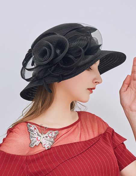 羽付き フラワー チュール リボン エレガント 女優帽 とても軽い ハット