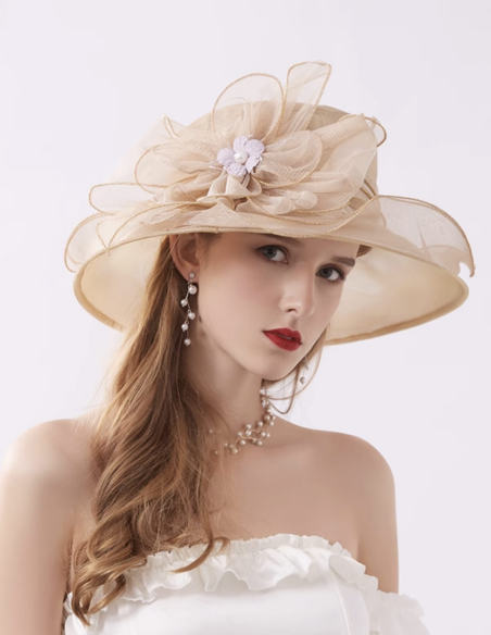 オーガンジー フラワー エレガント 女優帽 とても軽い シャンパン オールドローズ ハット
