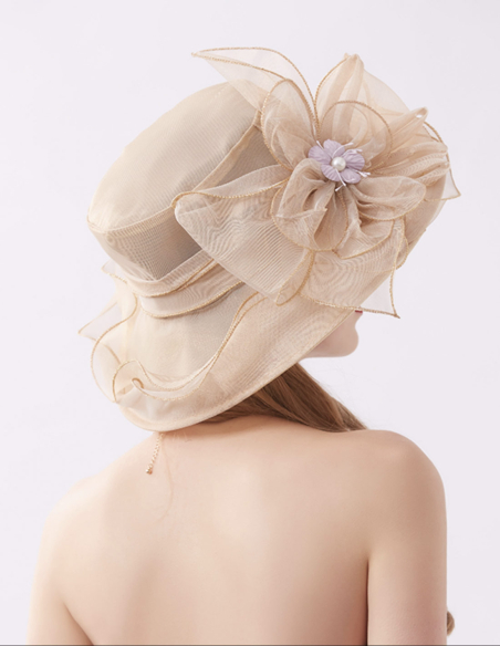 オーガンジー フラワー エレガント 女優帽 とても軽い シャンパン オールドローズ ハット