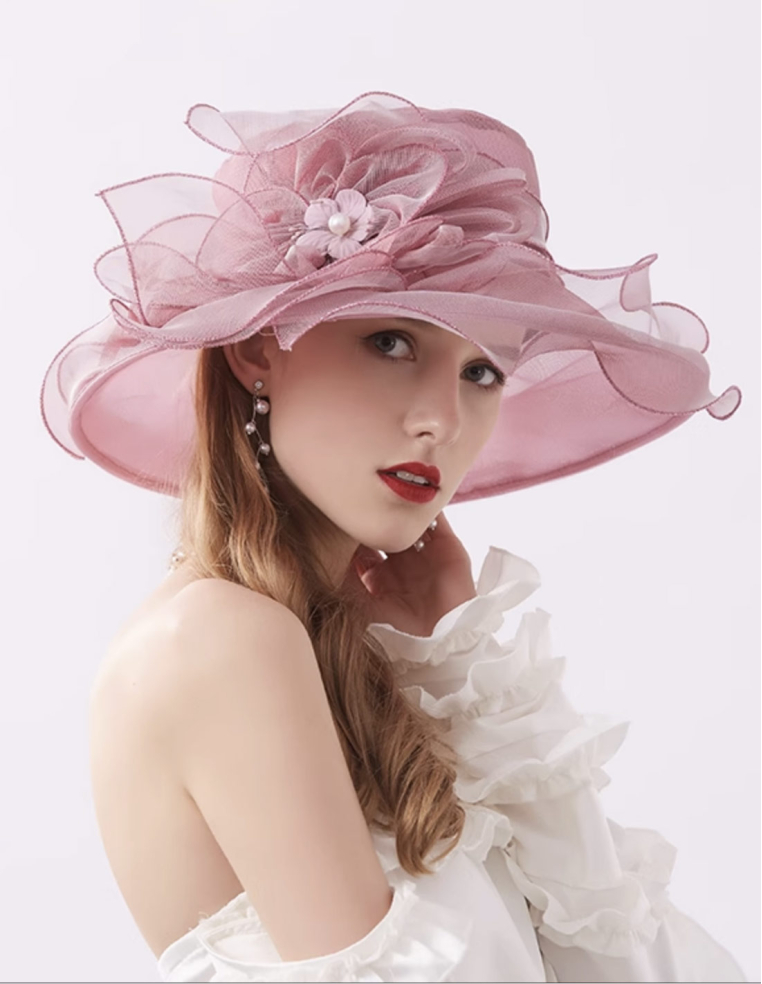 オーガンジー フラワー エレガント 女優帽 とても軽い シャンパン オールドローズ ハット