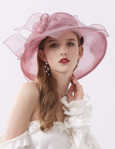 オーガンジー フラワー エレガント 女優帽 とても軽い シャンパン オールドローズ ハット