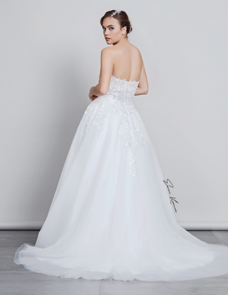 Aライン ハートネック オーバートレーン レース シースルー チュール ウェディングドレス