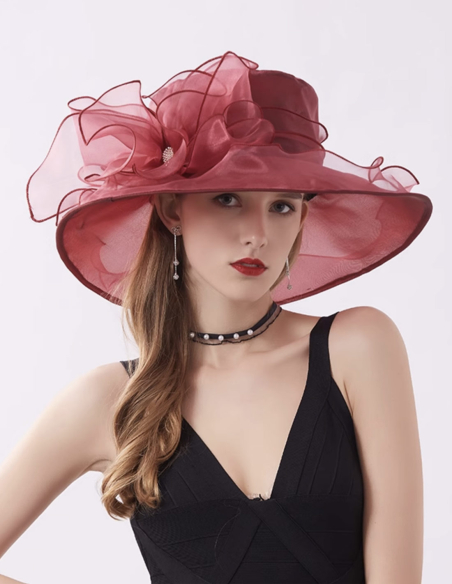 オーガンジー ビジュー フラワー エレガント 女優帽 とても軽い ピンク ボルドー ハット