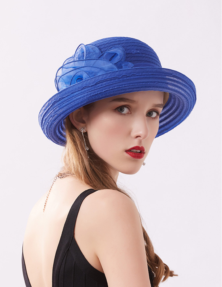 オーガンジー フラワー エレガント 女優帽 とても軽い ブルー ボーダー ハット