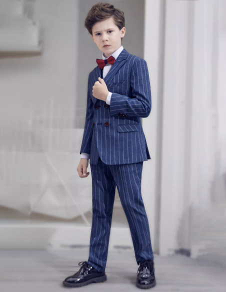 入学式 演奏会 七五三 ピアノ発表会 誕生日 男の子 キッズ フォーマルダブルスーツ ブルー ピンストライプ 5点セット