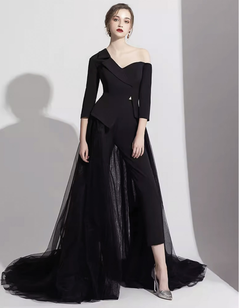 イタリアンサテン チュール オーバースカート ミディアムスリーブ 2way ウェディング パーティ 演奏会 ブラック パンツドレス