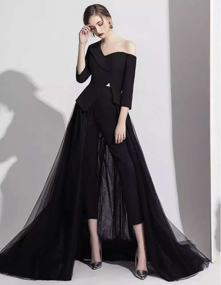 イタリアンサテン チュール オーバースカート ミディアムスリーブ 2way ウェディング パーティ 演奏会 ブラック パンツドレス