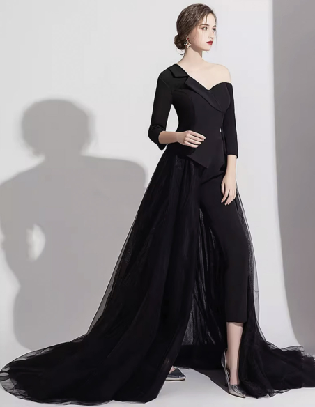 イタリアンサテン チュール オーバースカート ミディアムスリーブ 2way ウェディング パーティ 演奏会 ブラック パンツドレス