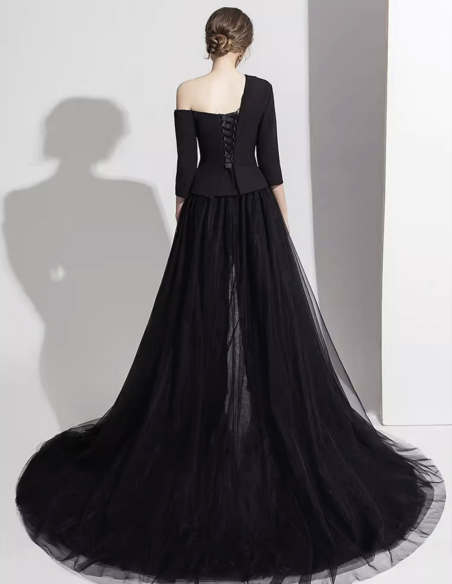 イタリアンサテン チュール オーバースカート ミディアムスリーブ 2way ウェディング パーティ 演奏会 ブラック パンツドレス