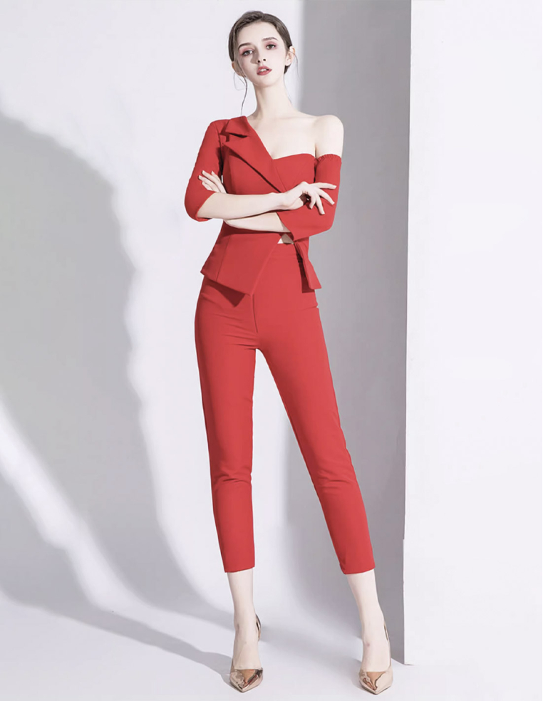 イタリアンサテン チュール オーバースカート ミディアムスリーブ 2way ウェディング パーティ 演奏会 レッド パンツドレス