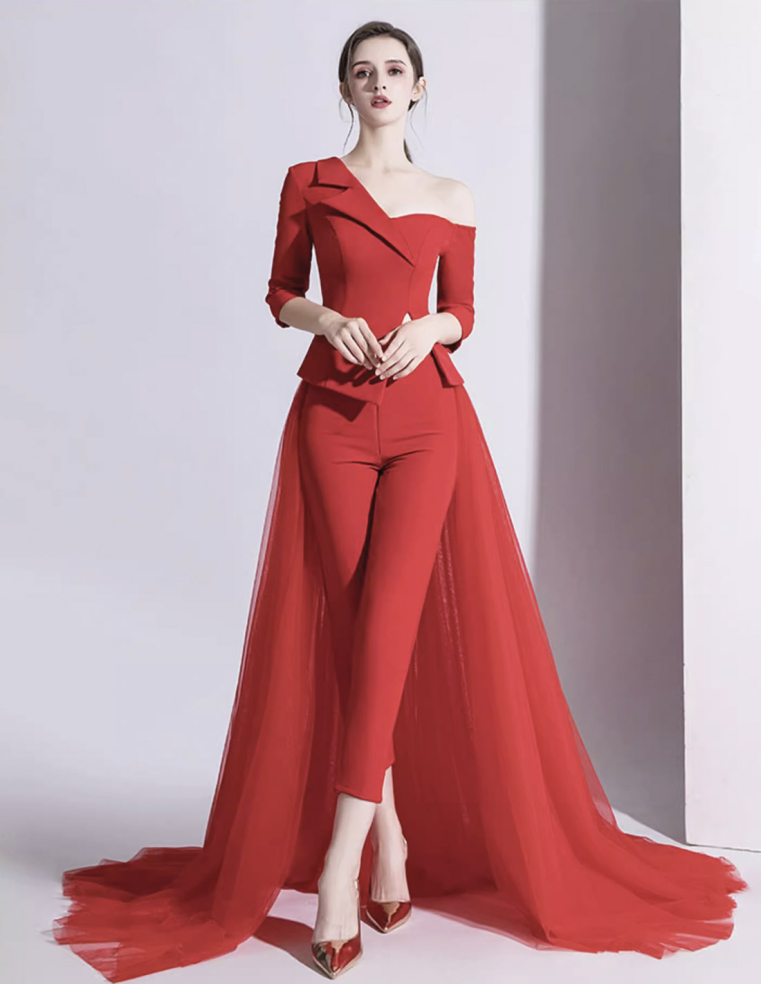 イタリアンサテン チュール オーバースカート ミディアムスリーブ 2way ウェディング パーティ 演奏会 レッド パンツドレス