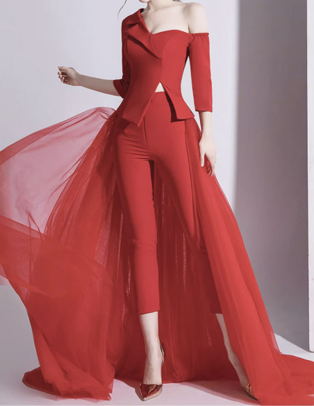 イタリアンサテン チュール オーバースカート ミディアムスリーブ 2way ウェディング パーティ 演奏会 レッド パンツドレス