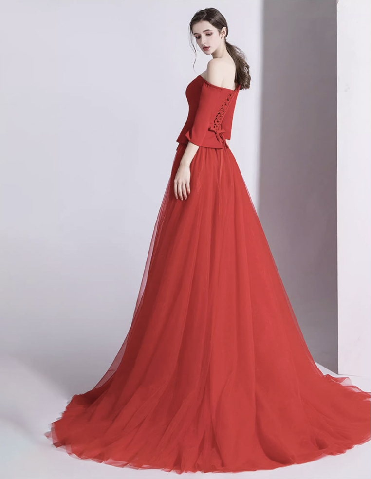 イタリアンサテン チュール オーバースカート ミディアムスリーブ 2way ウェディング パーティ 演奏会 レッド パンツドレス