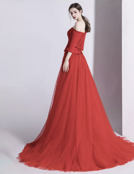 イタリアンサテン チュール オーバースカート ミディアムスリーブ 2way ウェディング パーティ 演奏会 レッド パンツドレス