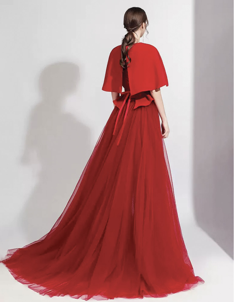 イタリアンサテン チュール オーバースカート ポンチョスリーブ 2way ウェディング レッド パンツドレス