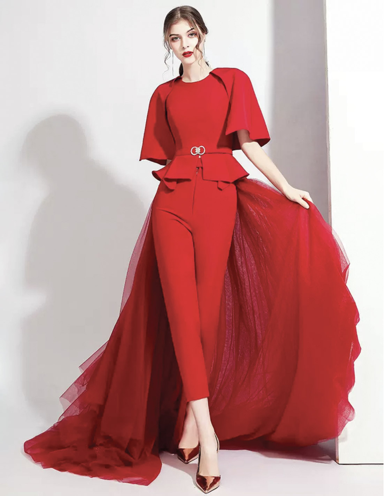 イタリアンサテン チュール オーバースカート ポンチョスリーブ 2way ウェディング レッド パンツドレス