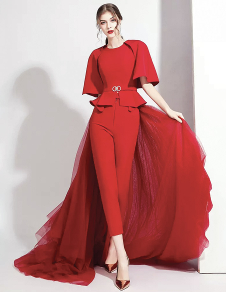 イタリアンサテン チュール オーバースカート ポンチョスリーブ 2way ウェディング レッド パンツドレス