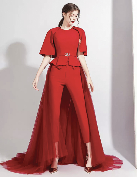 イタリアンサテン チュール オーバースカート ポンチョスリーブ 2way ウェディング レッド パンツドレス