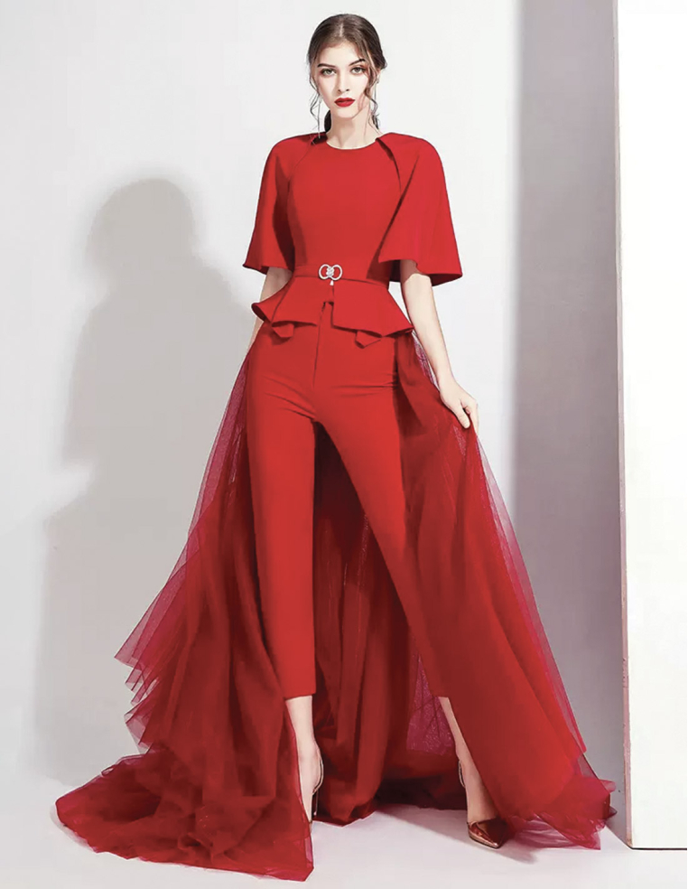 イタリアンサテン チュール オーバースカート ポンチョスリーブ 2way ウェディング レッド パンツドレス