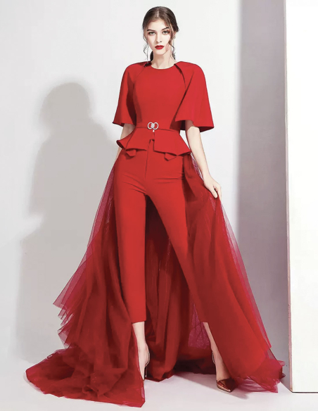 イタリアンサテン チュール オーバースカート ポンチョスリーブ 2way ウェディング レッド パンツドレス