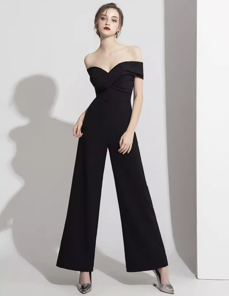 イタリアンサテン オフショルダー ウェディング ジャンプスーツ ブラック パンツドレス