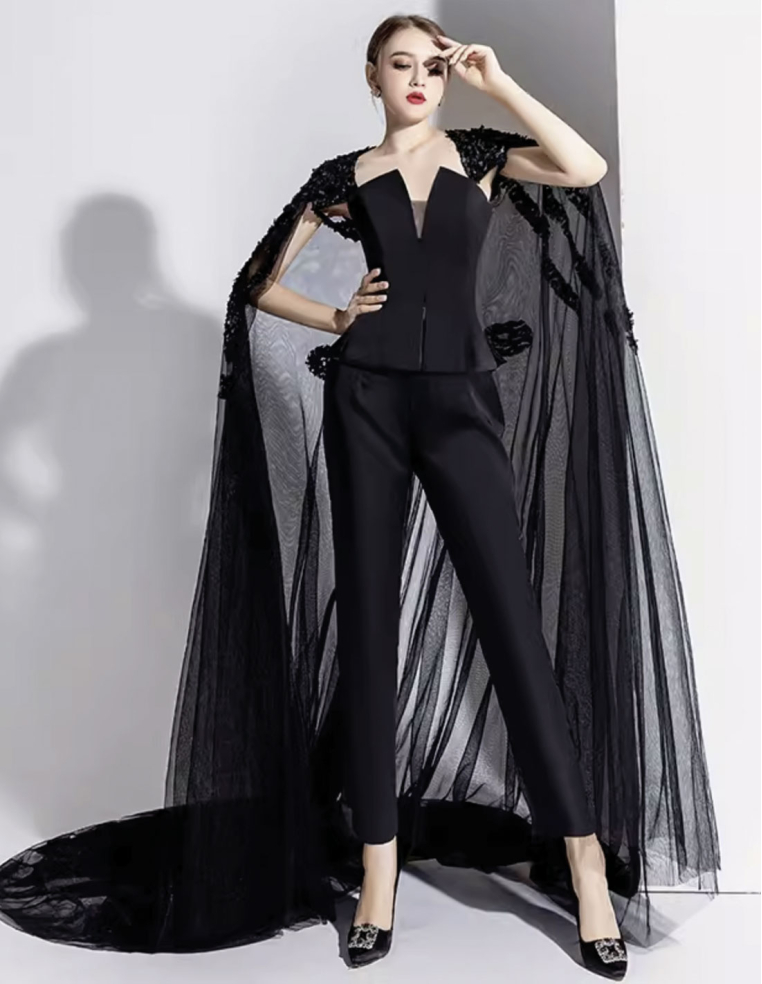 イタリアンサテン ロングレース付きチュールマント 2way ウェディング 披露宴 パーティー パンツドレス