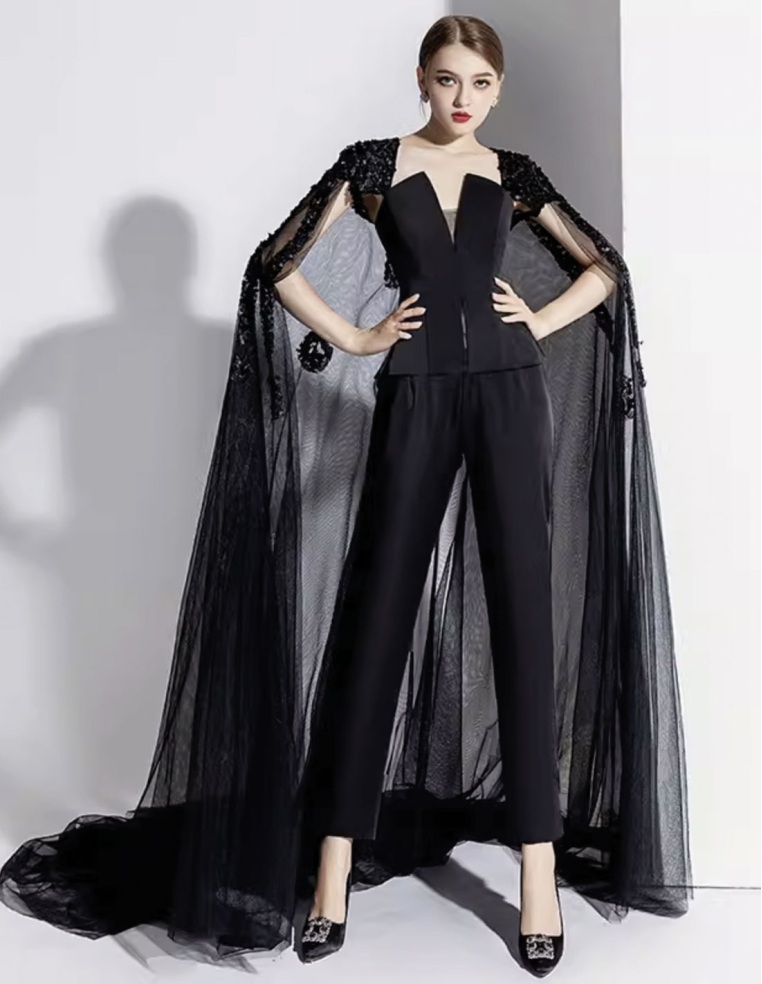 イタリアンサテン ロングレース付きチュールマント 2way ウェディング 披露宴 パーティー パンツドレス