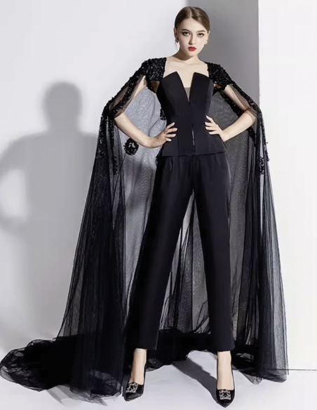 イタリアンサテン ロングレース付きチュールマント 2way ウェディング 披露宴 パーティー パンツドレス