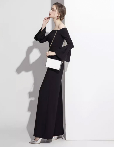 イタリアンサテン オフショルダー フリルスリーブ ウェディング ジャンプスーツ ブラック パンツドレス