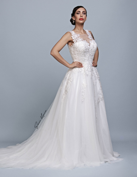 Vネック チュール レース くるみボタン Aライン ウェディングドレス