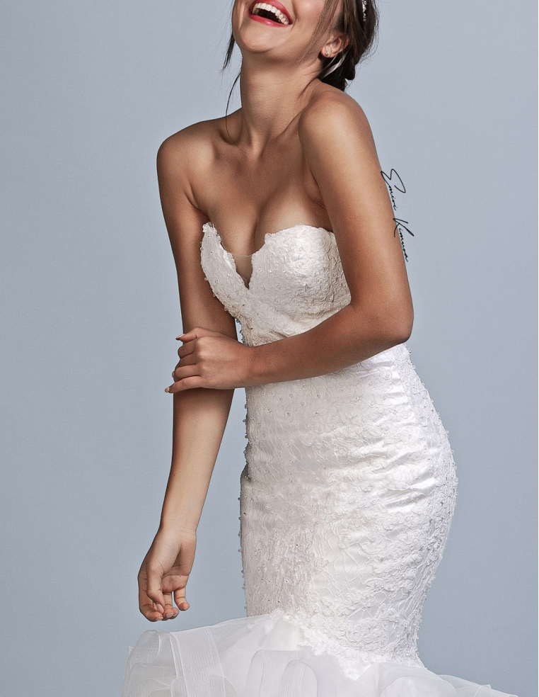 ハートネック レース チュール 伸縮性チュール マーメイドライン ふわふわ ウェディングドレス