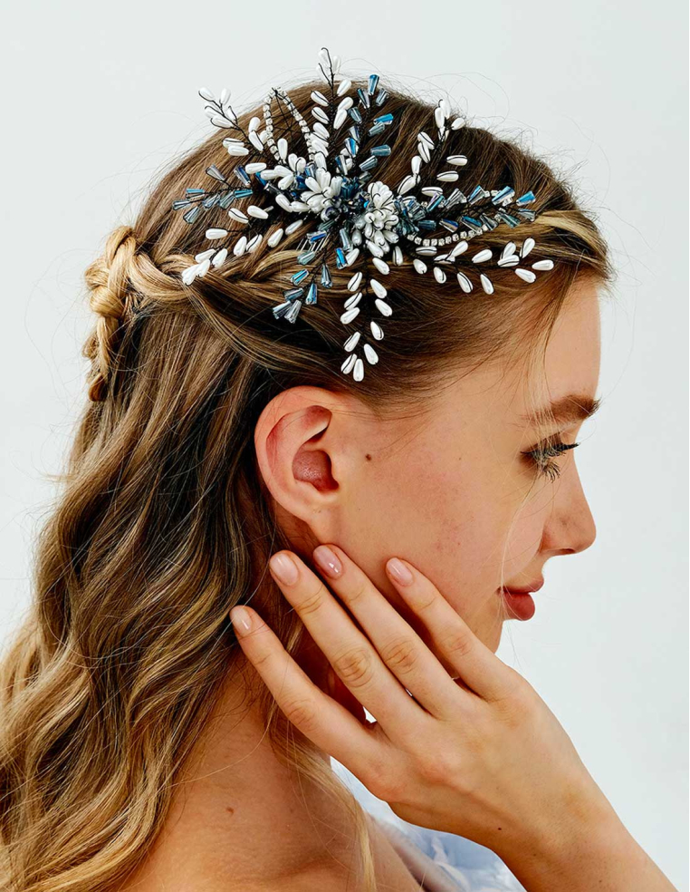 ブルー ホワイト パール シルバーコーム ブライダル お色直し 撮影 ヘッドドレス