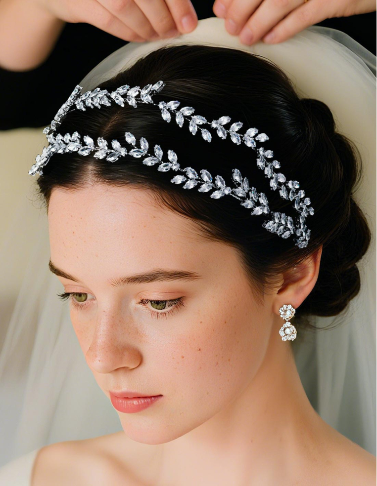シルバー ダブル リーフ ブライダル カチューシャ ヘッドドレス