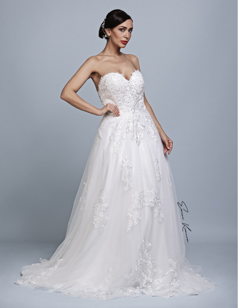 ハートネック バックシースルー Aライン くるみボタン ウェディングドレス