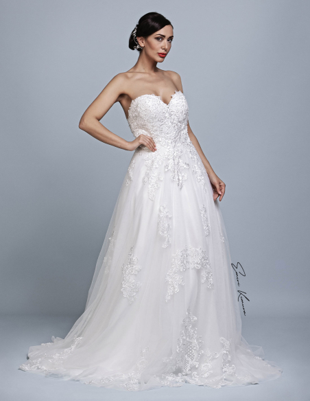 ハートネック バックシースルー Aライン くるみボタン ウェディングドレス