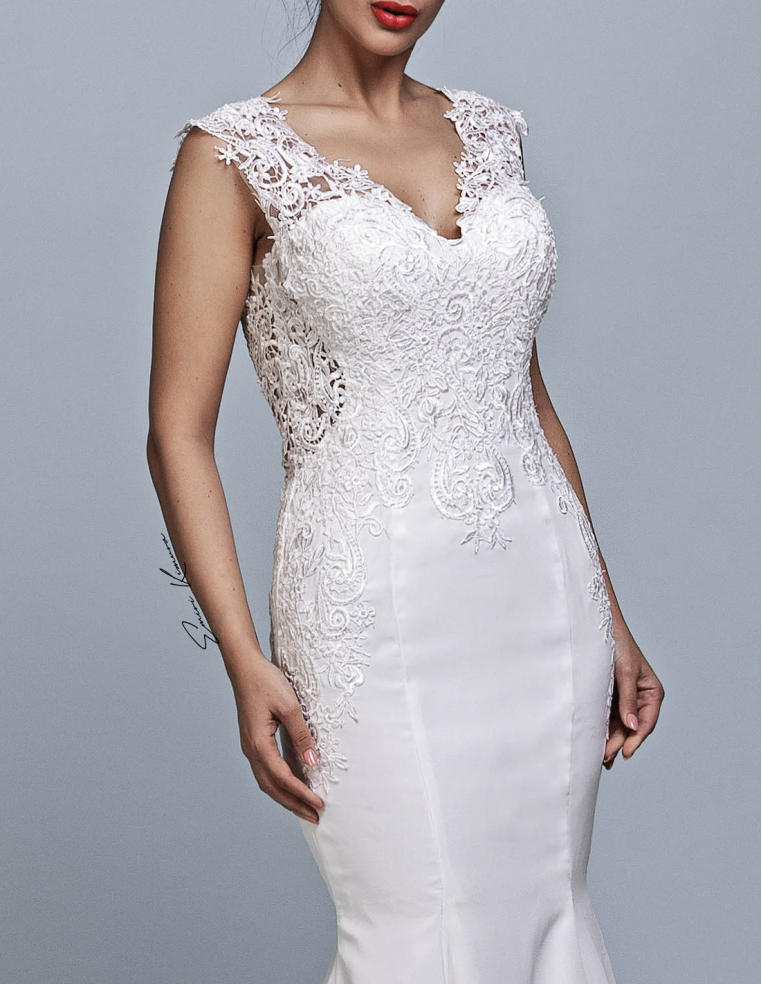 レース イタリアンサテン マーメイドライン シースルー ウェディングドレス