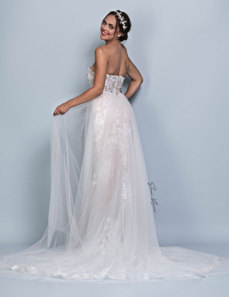 ハートネック チュール レース ローズピンク くるみボタン カラーウェディングドレス