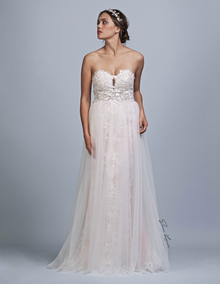 ハートネック チュール レース ローズピンク くるみボタン カラーウェディングドレス