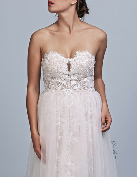 ハートネック チュール レース ローズピンク くるみボタン カラーウェディングドレス