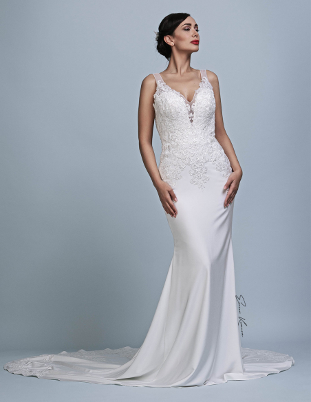 Vネック レース イタリアンサテン ソフトマーメイドライン ウェディングドレス