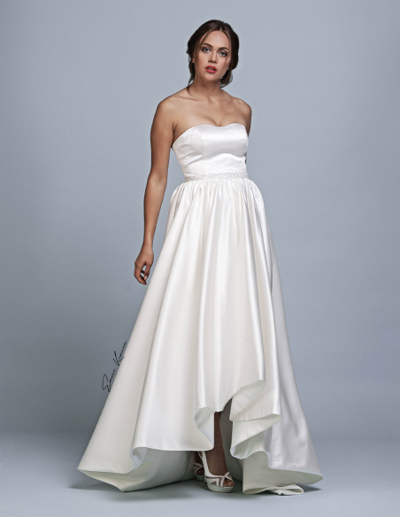 浅いハートネック ミカドサテン ラインストーン アシンメトリー ウェディングドレス