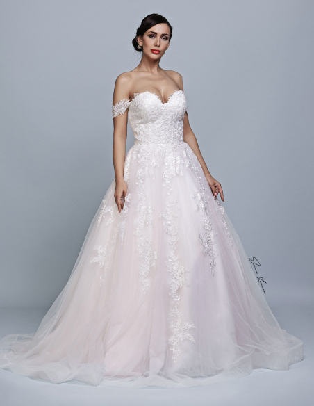 ハートネック オフショルダー レース Aライン プリンセスライン 薄桜 ウェディングドレス