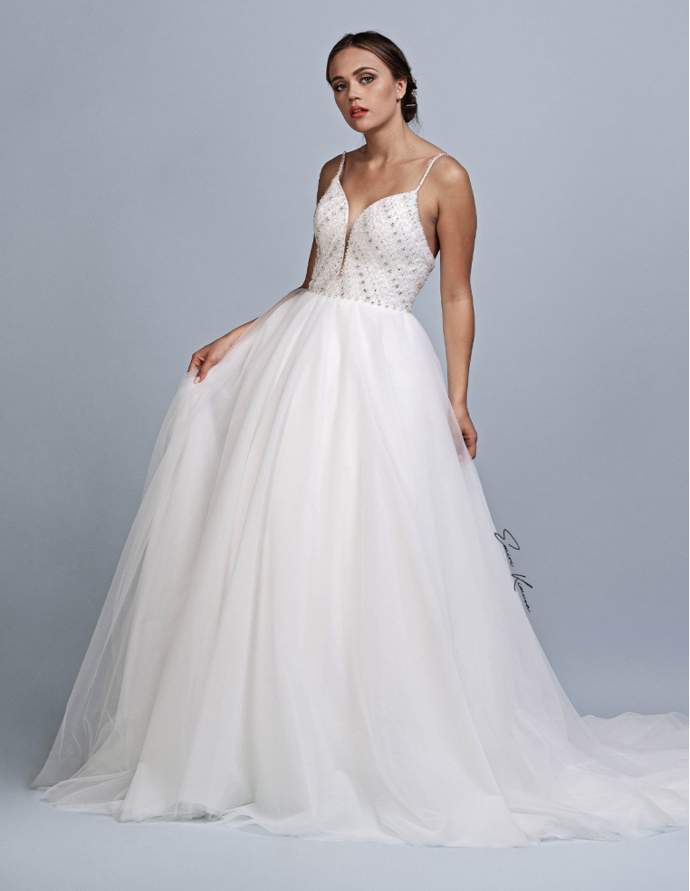 スパゲッティストラップ ラインストーン チュール ウェディングドレス