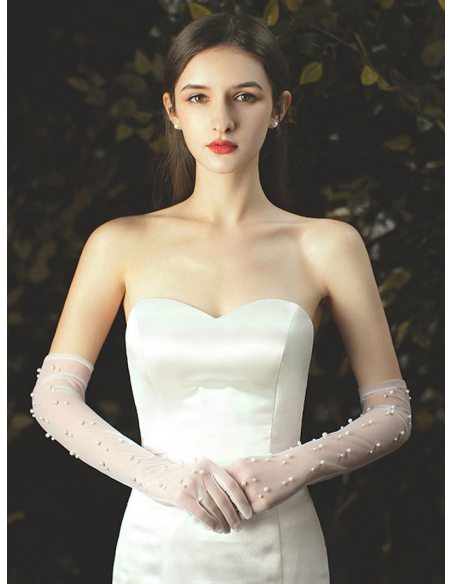 ソフトチュール パール付き ロング 結婚式 ウェディング グローブ